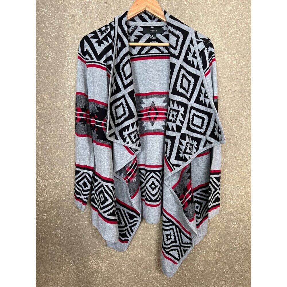 Forever 21 Gray Red and Black Aztec Print Knit Cardigan Sweater